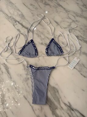 Frankie's Bikinis White String Bikini with Light Blue Logo Tag
